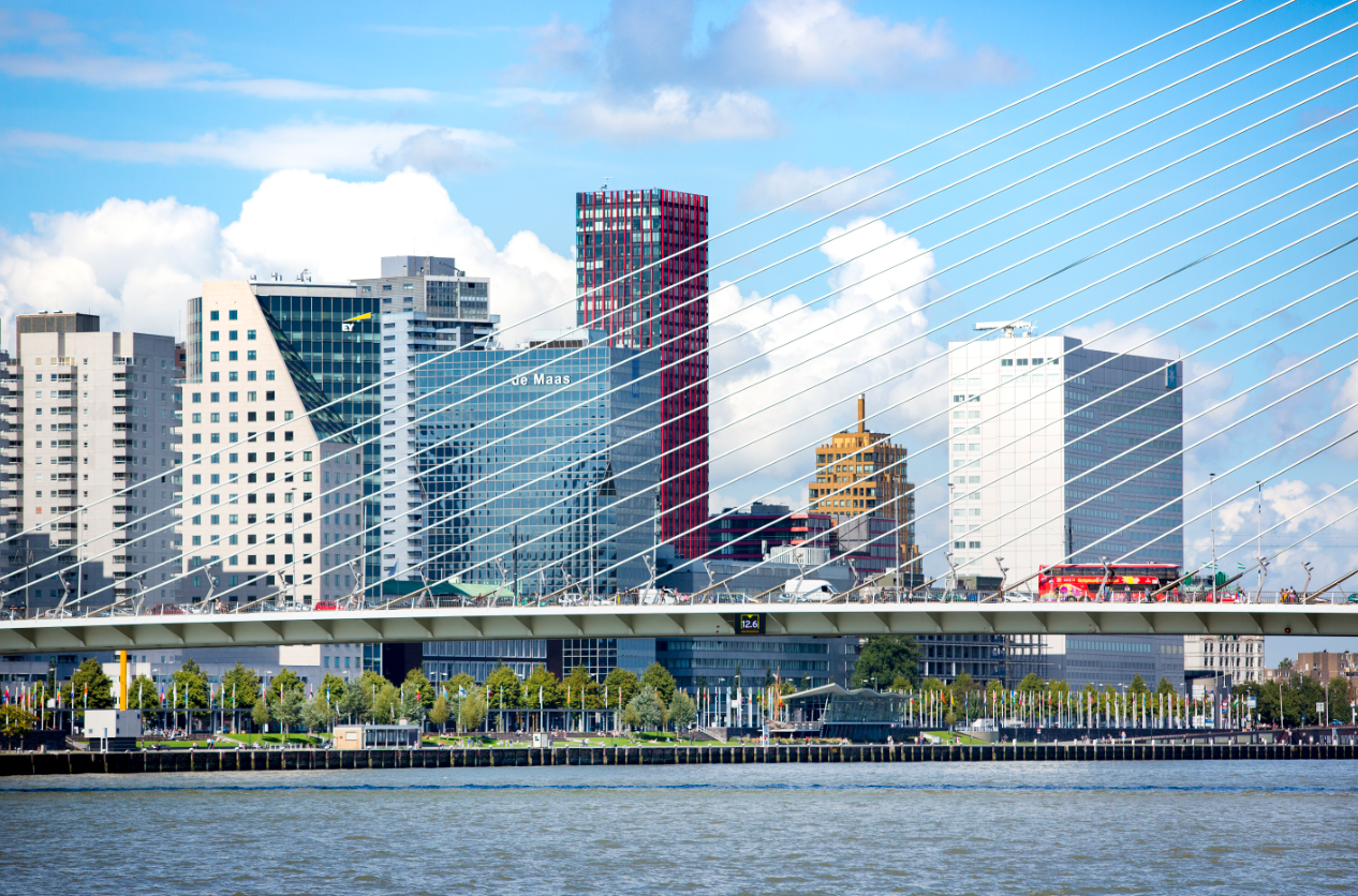 De skyline van Rotterdam en de Erasmusburg, ter illustratie bij het artikel over de cijfers van één jaar Gezond010: het akkoord