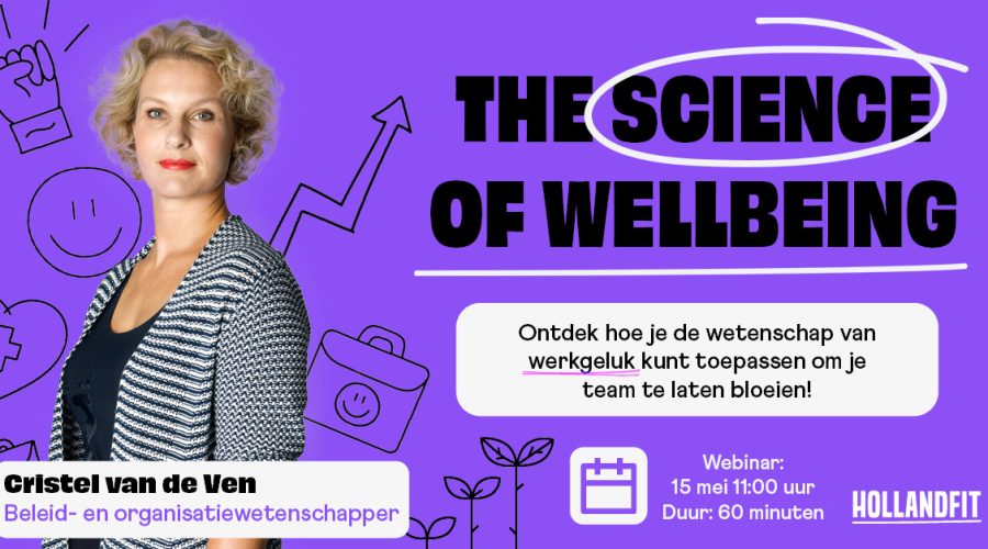 Banner met vrouw tegen paarse achtergrond met de tekst 'The science of Wellbeing'