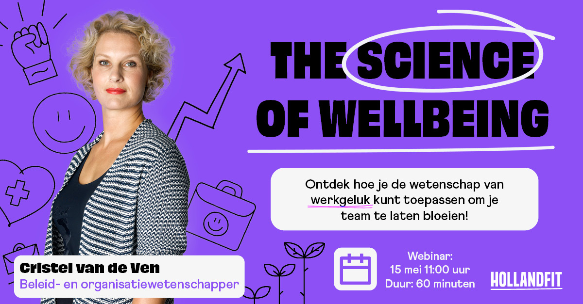 Banner met vrouw tegen paarse achtergrond met de tekst 'The science of Wellbeing'