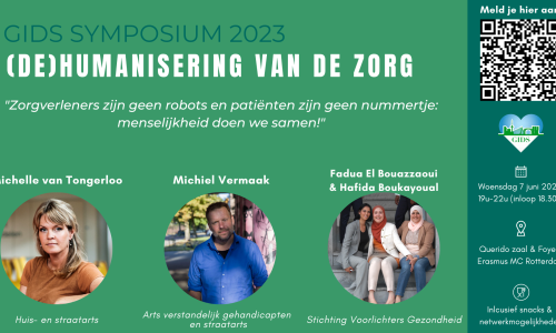 Banner met foto's van de drie sprekers: Michelle van Tongerloo, Michiel Vermaak en Fadua El Bouazzaoui & Hafida Boukayoual. Titel: Gids Symposium 2023